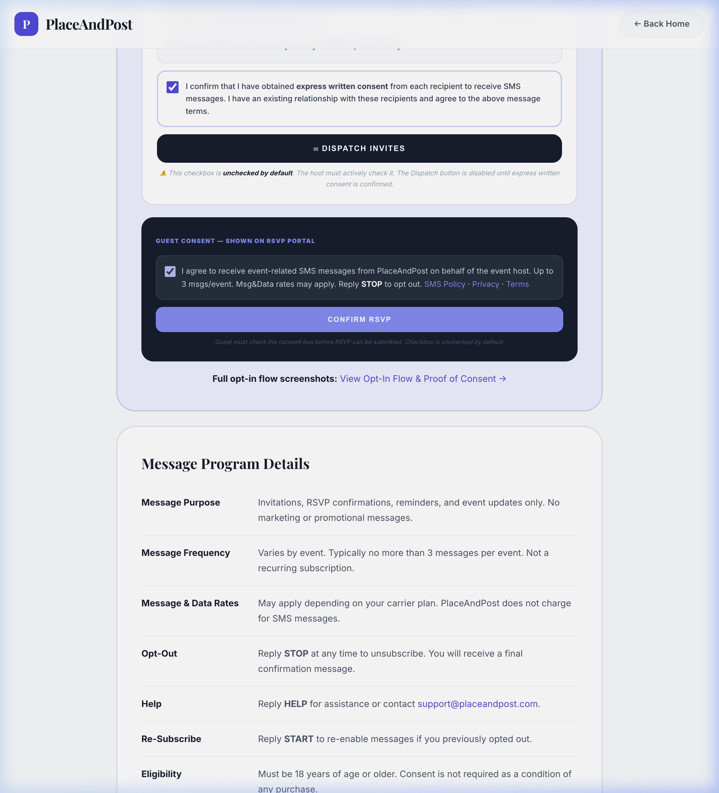 PlaceAndPost consent checkboxes checked with enabled buttons