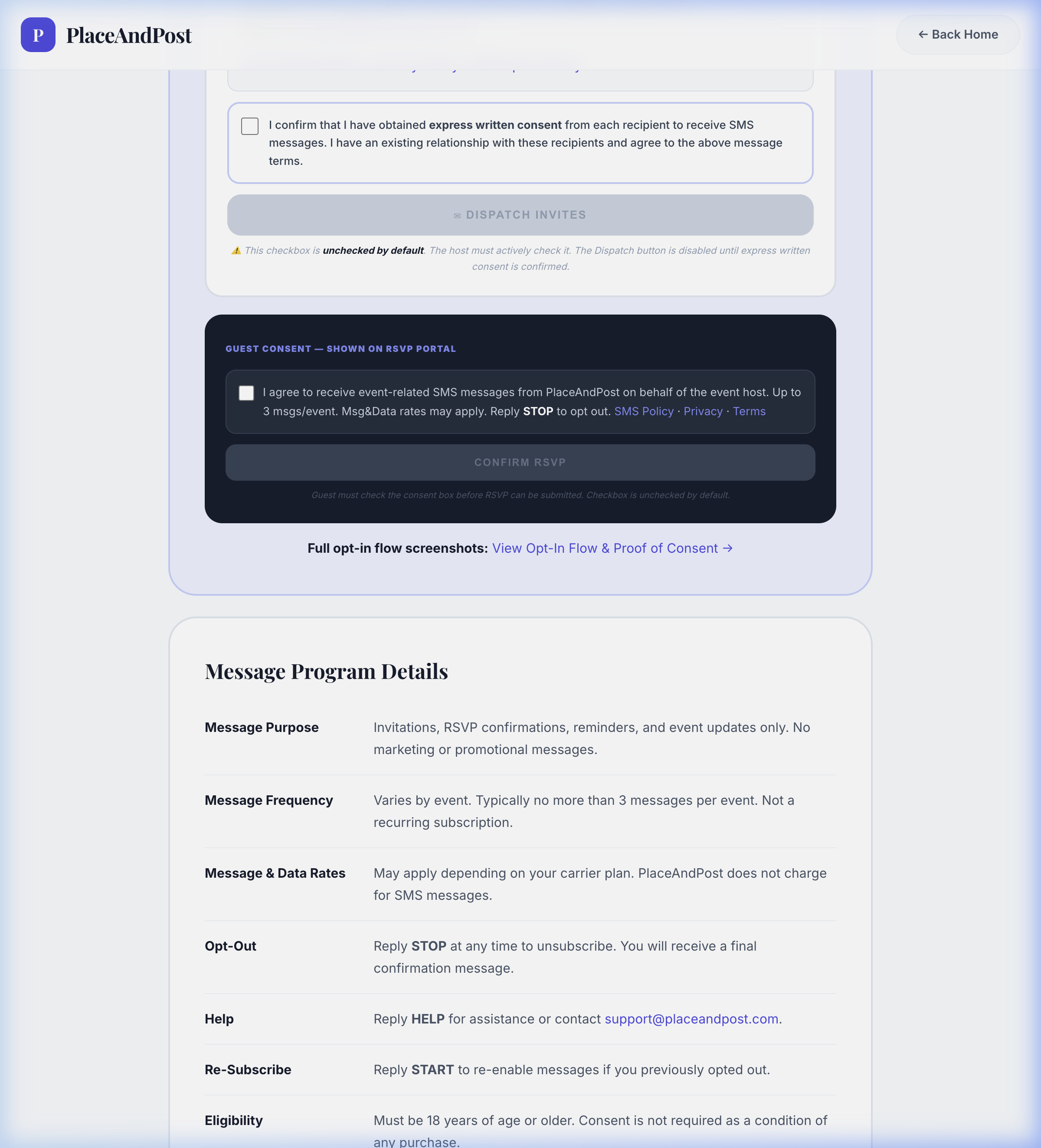 PlaceAndPost consent checkboxes unchecked by default with disabled buttons